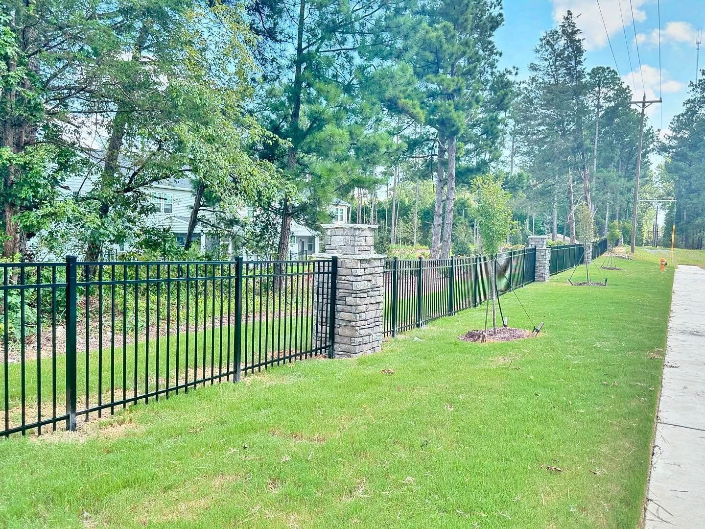 A black metal fence surrounds a lush green field.