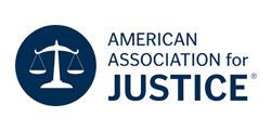Logo of American Association for Justice; scales in a navy blue circle to the left of text.