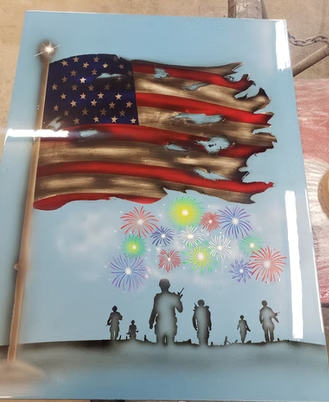 A painting of an american flag with fireworks in the background