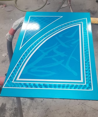 A blue sign with a white border is sitting on a table