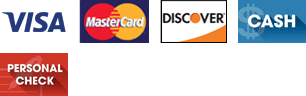 Visa, MasterCard, Discover, Cash, and Personal Check
