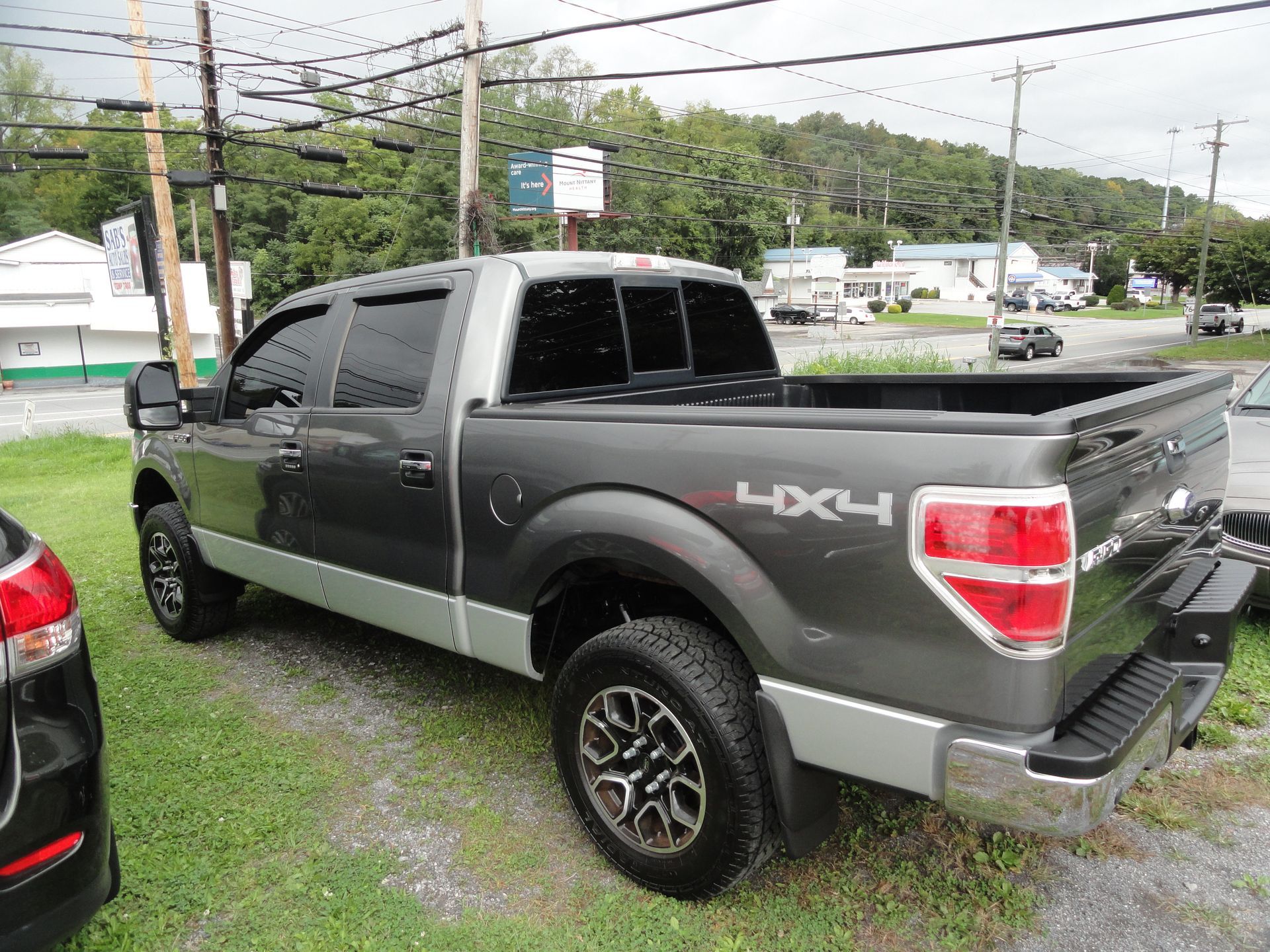 Gray Ford pickup truck parked on grass beside a road, rear three-quarter view