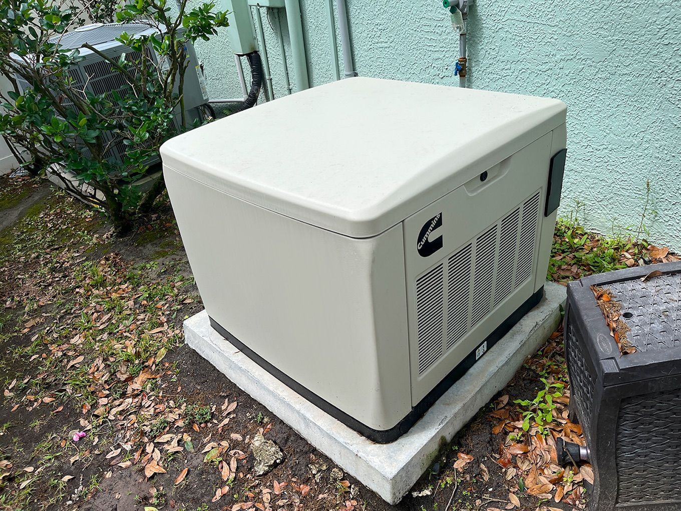 A tan Cummins generator on a concrete pad outside a building, near bushes and a dark container.