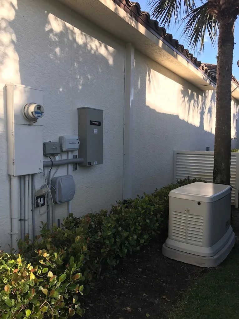 Exterior wall with electrical equipment and a generator in a yard.