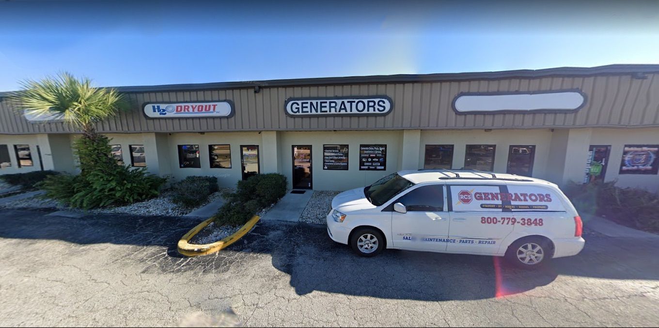 A white van parked in front of a building with the word 