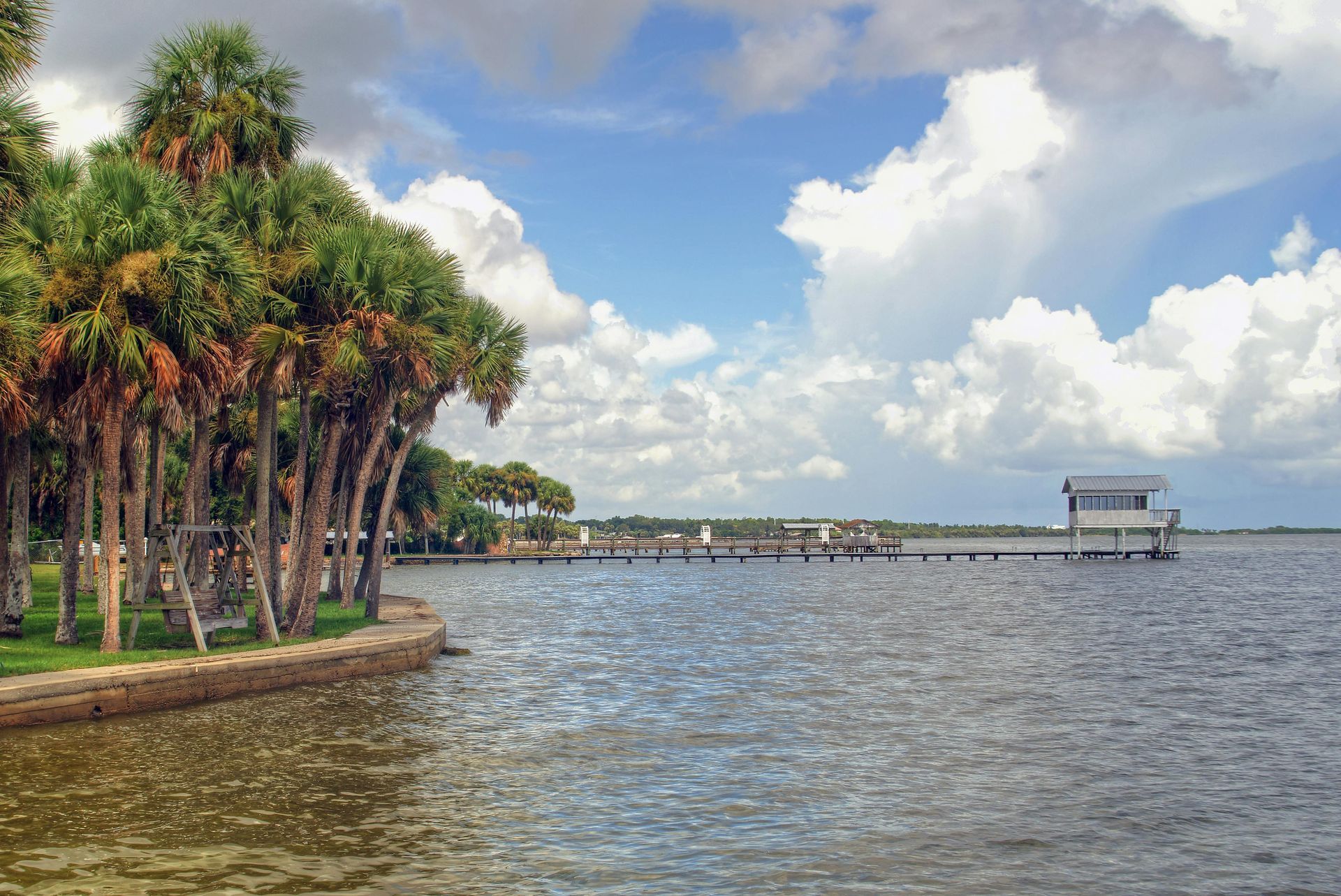 Waterfront scene with palm trees, rippling water, and a pier extending into the water under a cloudy sky.