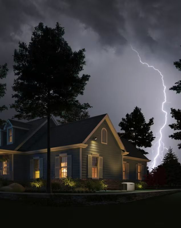Lightning strikes near a blue house at night, illuminated windows, and dark trees.