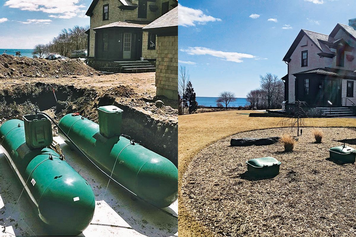 Two photos: Left shows buried green tanks next to a house under construction. Right shows the same house with a landscaped yard overlooking a lake.