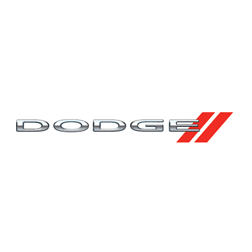 Dodge logo in silver with red slash marks on a white background