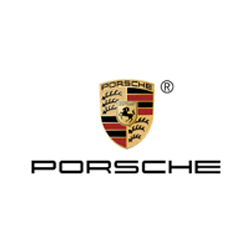 Porsche logo with crest and black wordmark on a white background