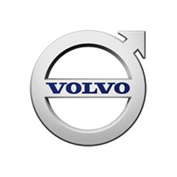 Volvo logo with silver circular arrow and blue wordmark on white background