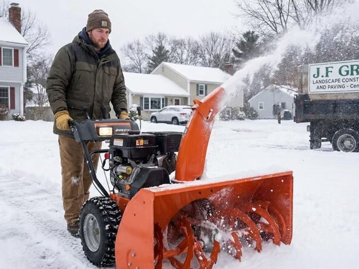 Man operating an orange snowblower on a snow-covered driveway, house and truck in background.