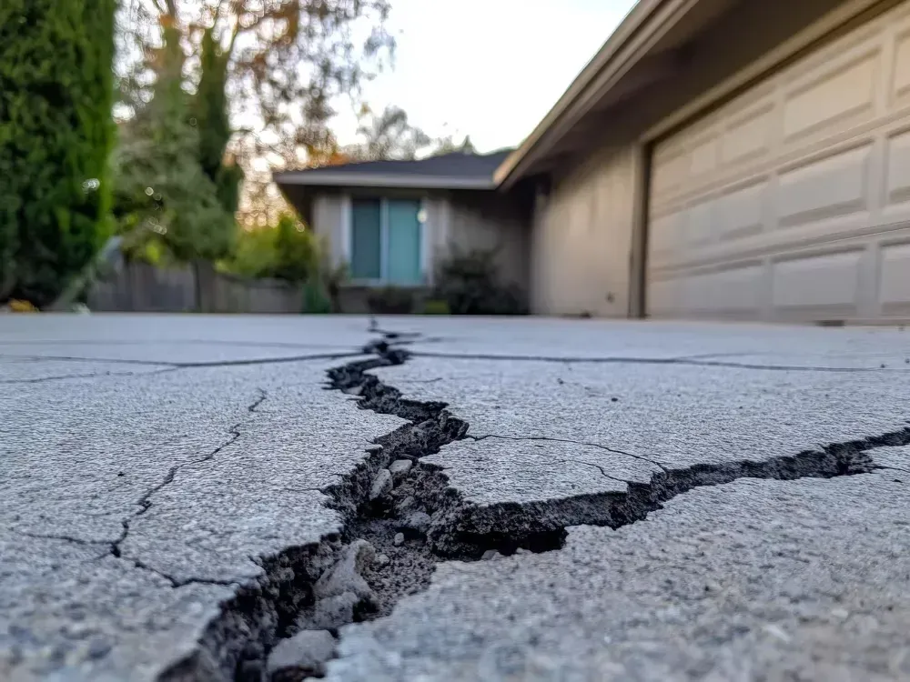 Cracked asphalt driveway in front of a house, damage likely from an earthquake.