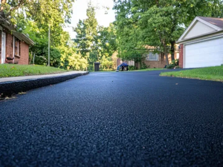 Newly paved black asphalt driveway in a residential neighborhood. Green grass borders the sides.