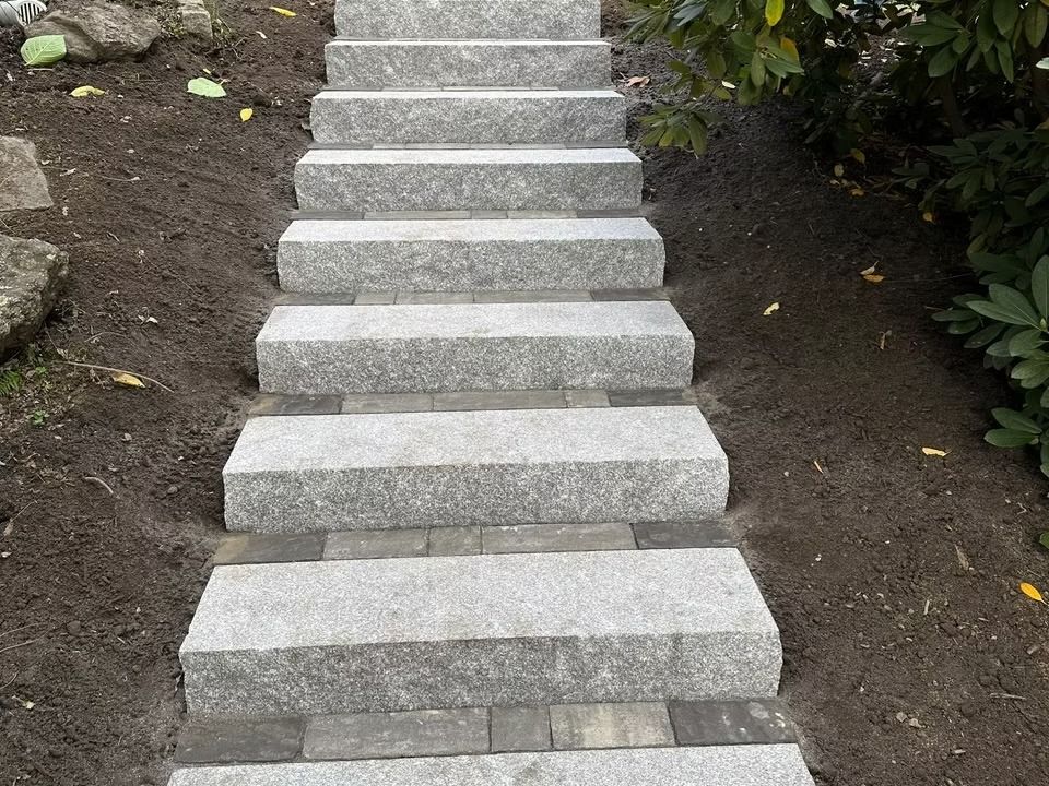 Stone steps ascend from the ground, surrounded by dirt and greenery.