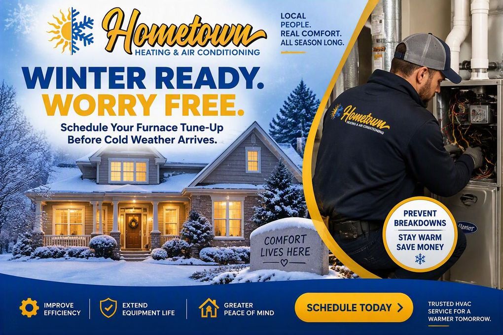 Winter-ready HVAC service ad with snowy home, furnace inspection, and 