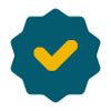 Blue scalloped badge with a yellow checkmark