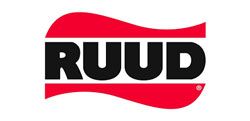 Ruud logo with black letters inside a red wavy design.