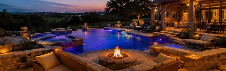 Luxury backyard pool at dusk with glowing fire pit, spa, and warm house lights overlooking a sunset view