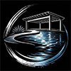 A logo featuring a sleek, silver-toned pergola overlooking a calm, reflective pool, set within a circular metallic frame.