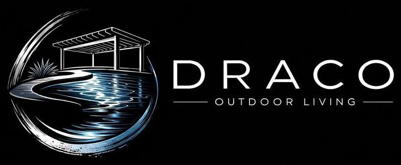 Logo for Draco Outdoor Living featuring a pergola structure over a pool, encircled by a curved, textured design.
