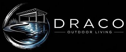 Logo for Draco Outdoor Living featuring a pergola structure over a pool, encircled by a curved, textured design.