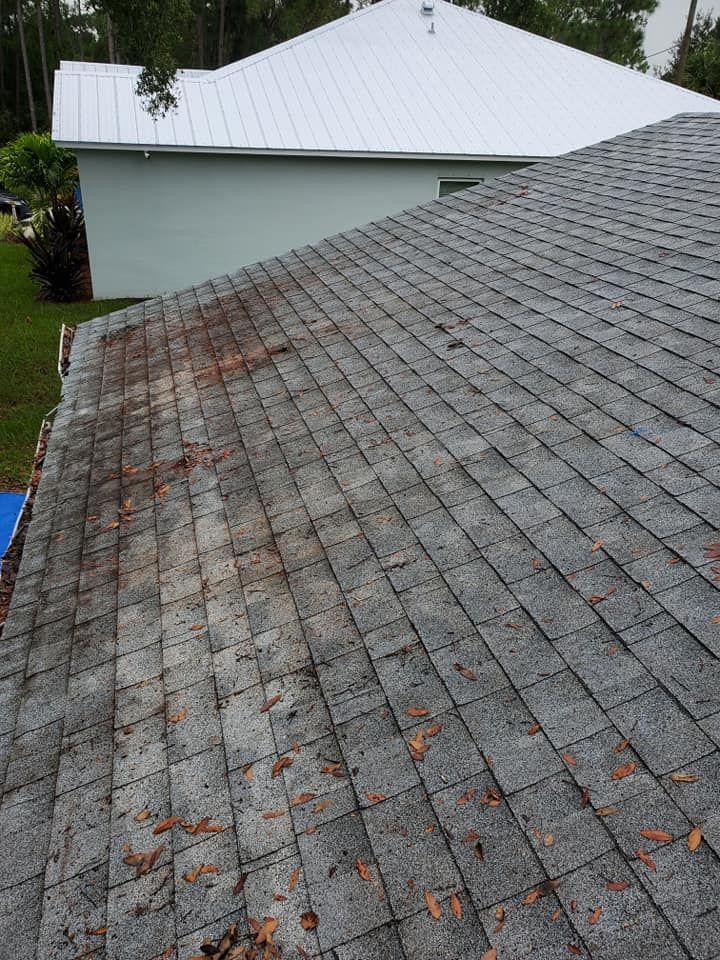 A roof with a lot of leaves on it and a white roof.