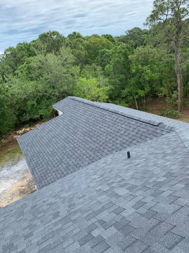 An aerial view of a roof with trees in the background.