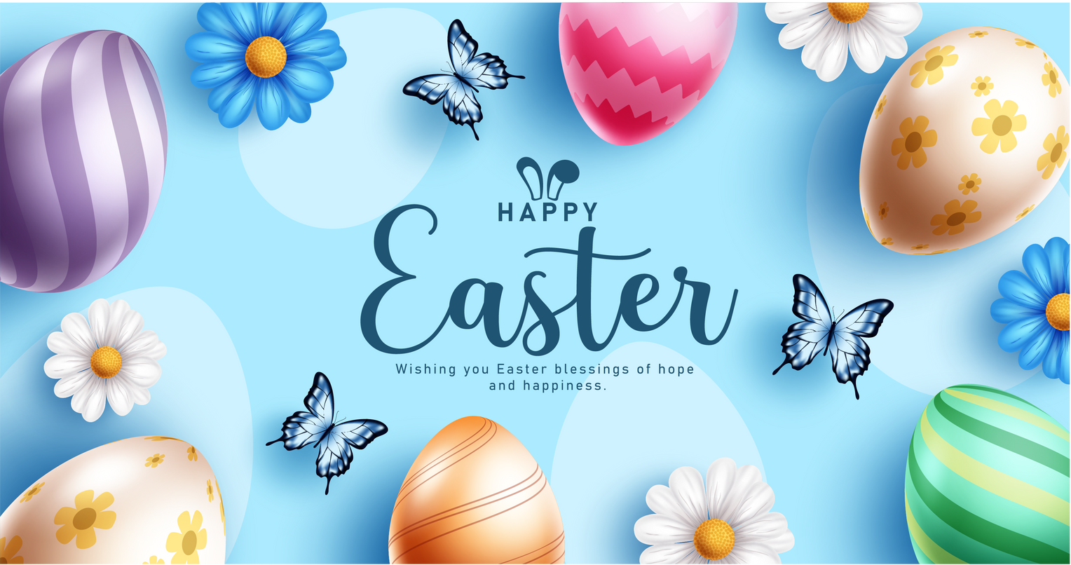 Easter greeting card with decorated eggs, colorful flowers, and butterflies on a light blue background.