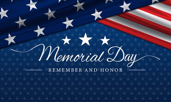 Memorial Day banner with waving U.S. flags and stars on a blue background, reading “Remember and Honor”
