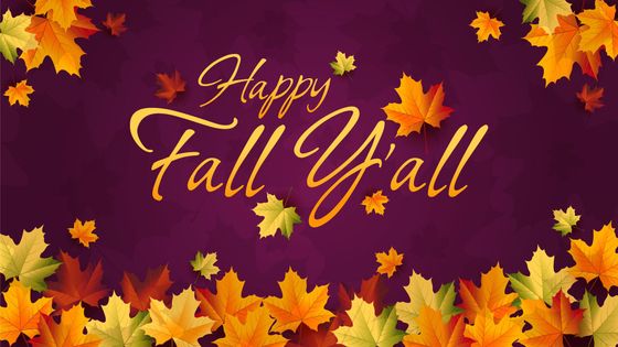“Happy Fall Y’all” in gold script on a purple background with autumn leaves around the edges