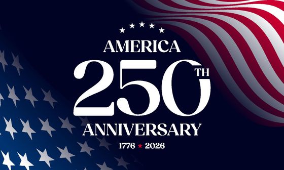 America 250th anniversary graphic with stars and red, white, and blue American flag waves.