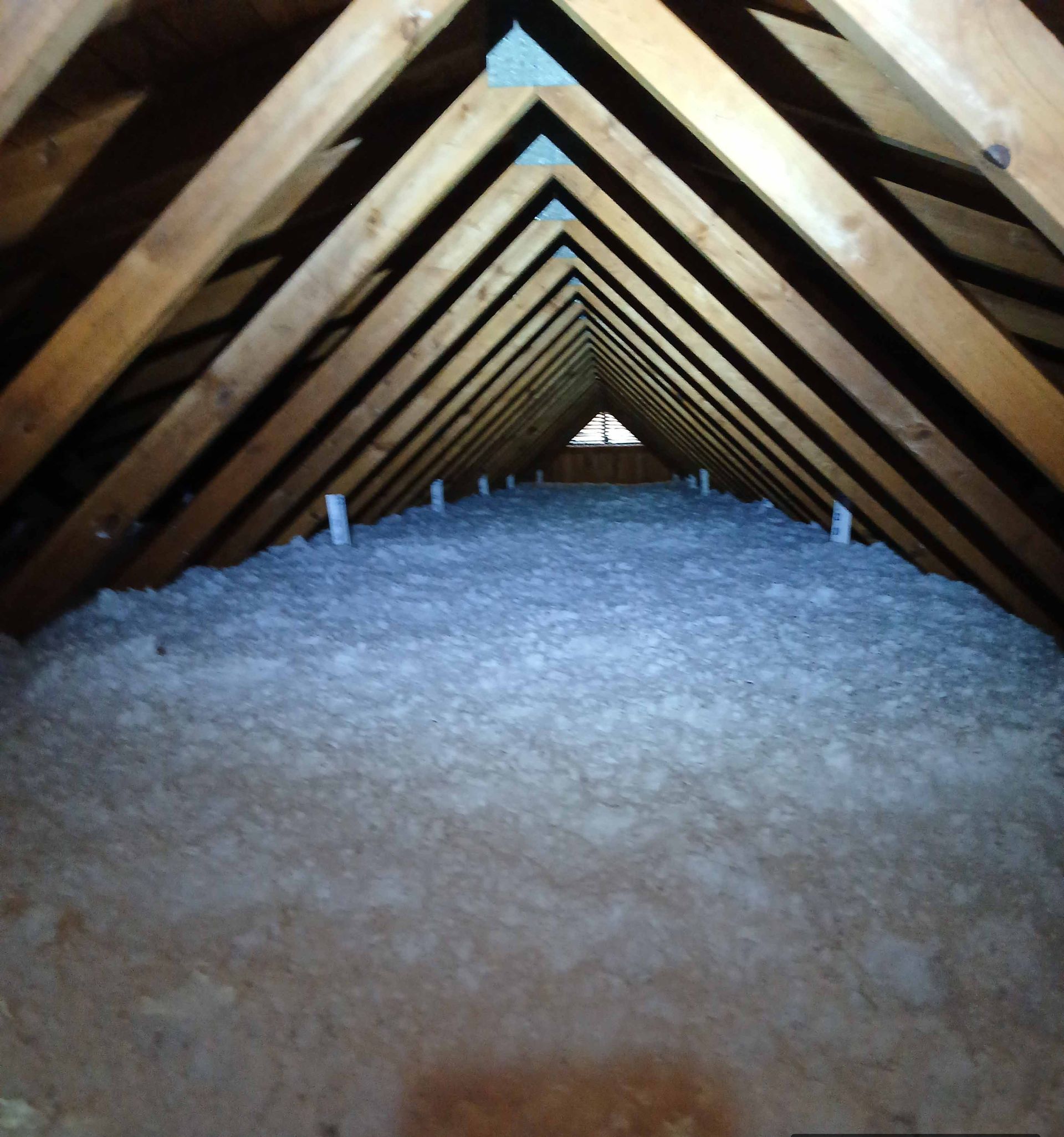 The ceiling of an attic with a window in the middle