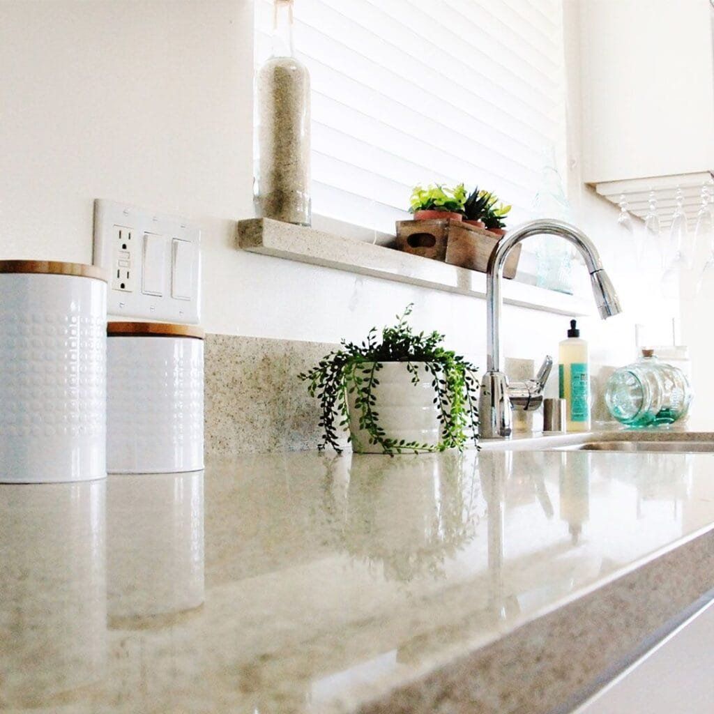 Kitchen countertop with a faucet, plants, and canisters. Window in the background with a shelf.