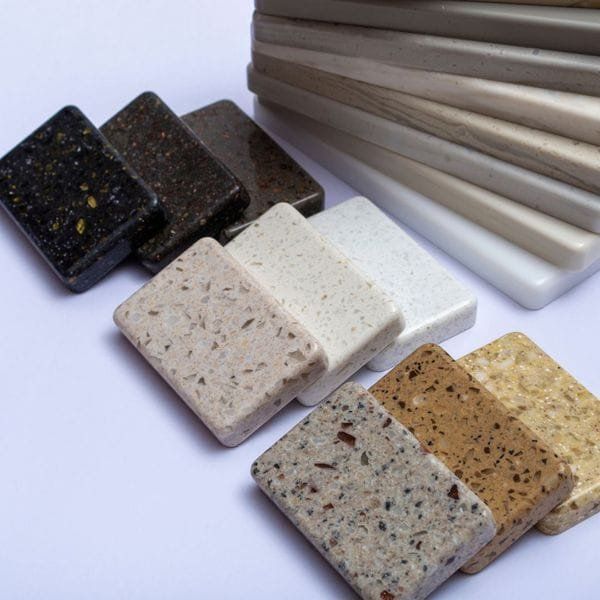 Various countertop samples in speckled and solid colors.