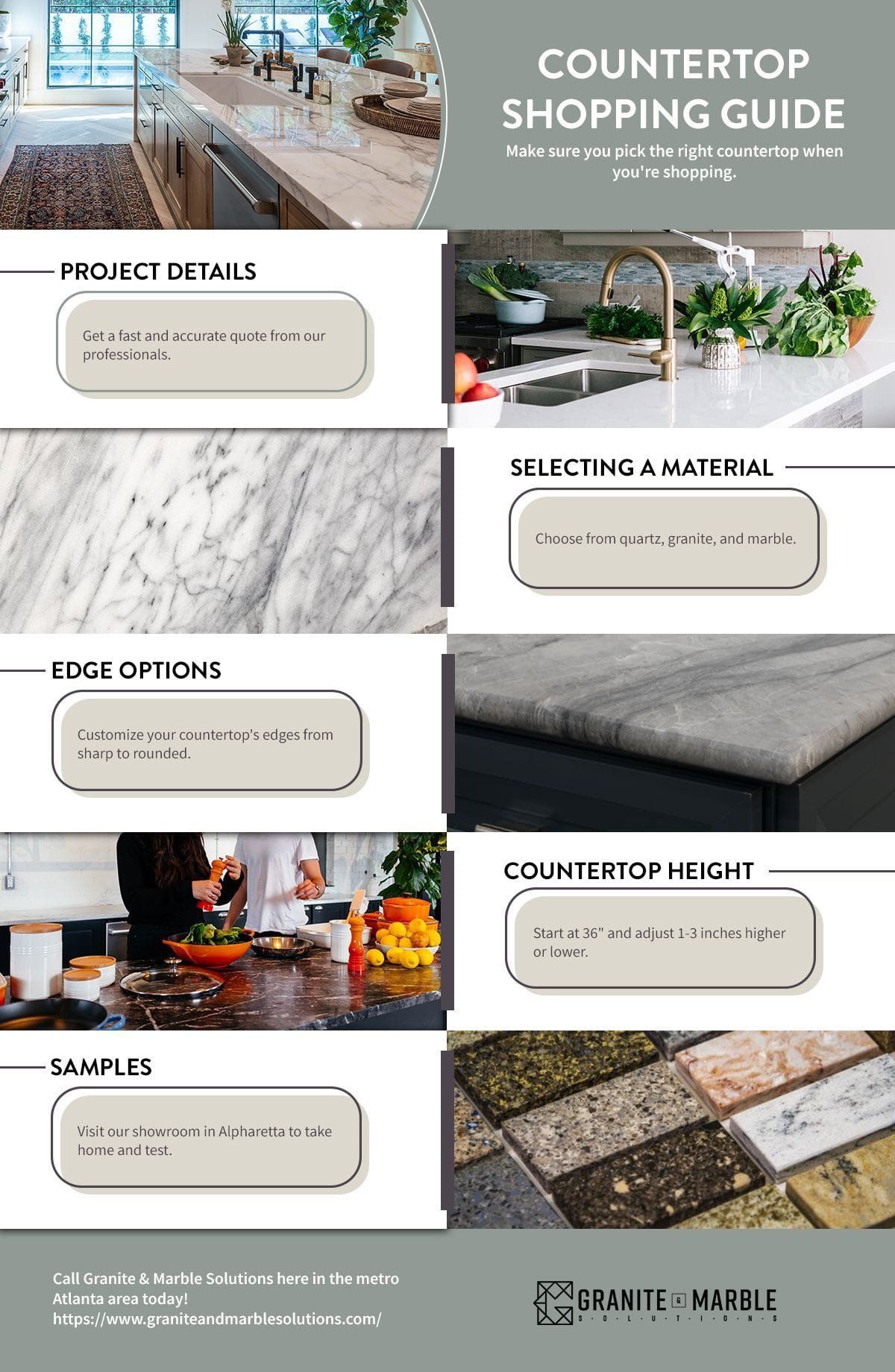 Countertop shopping guide with product details, selecting materials, edge options, and height.