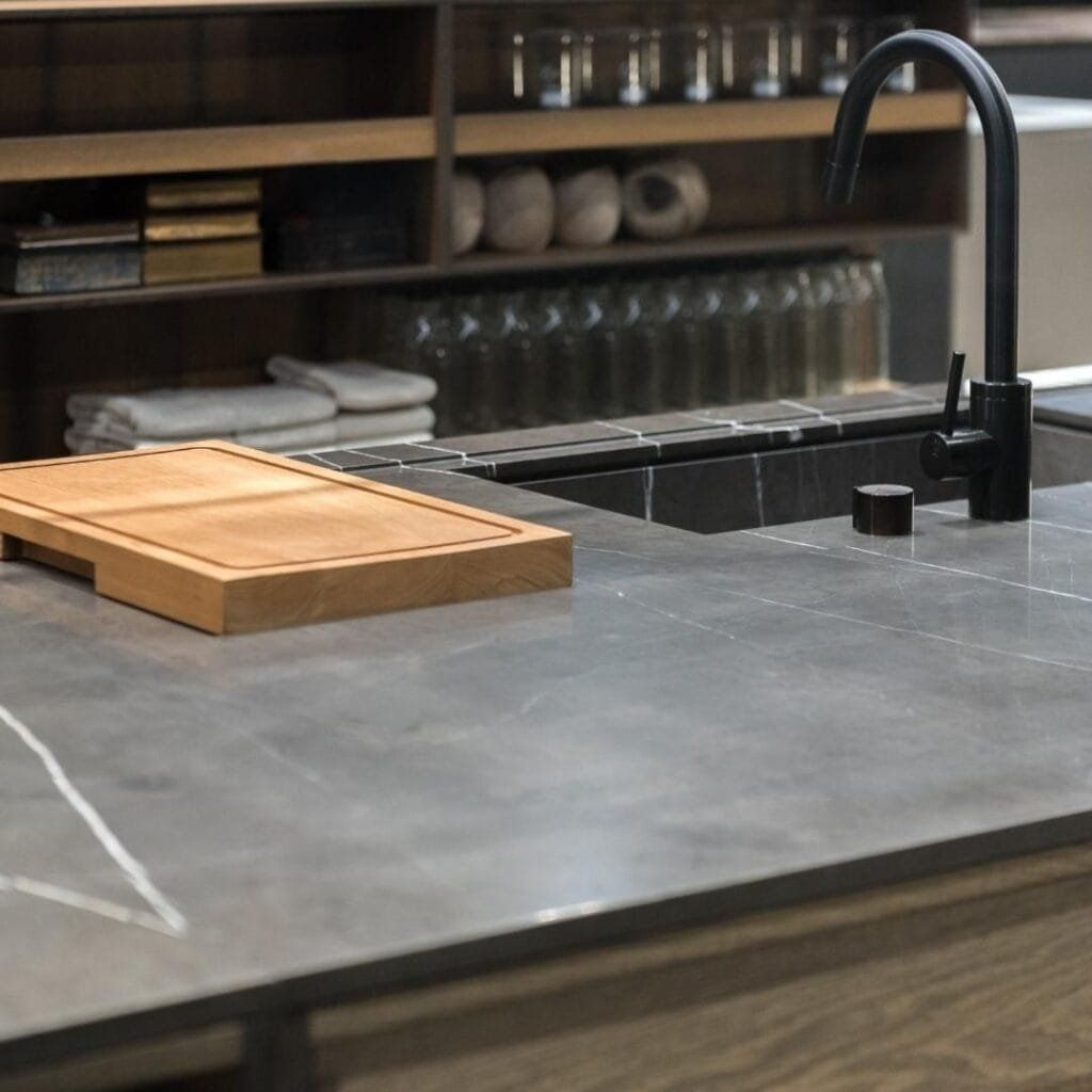 Kitchen countertop with cutting board, faucet, and shelves with bottles and jars.