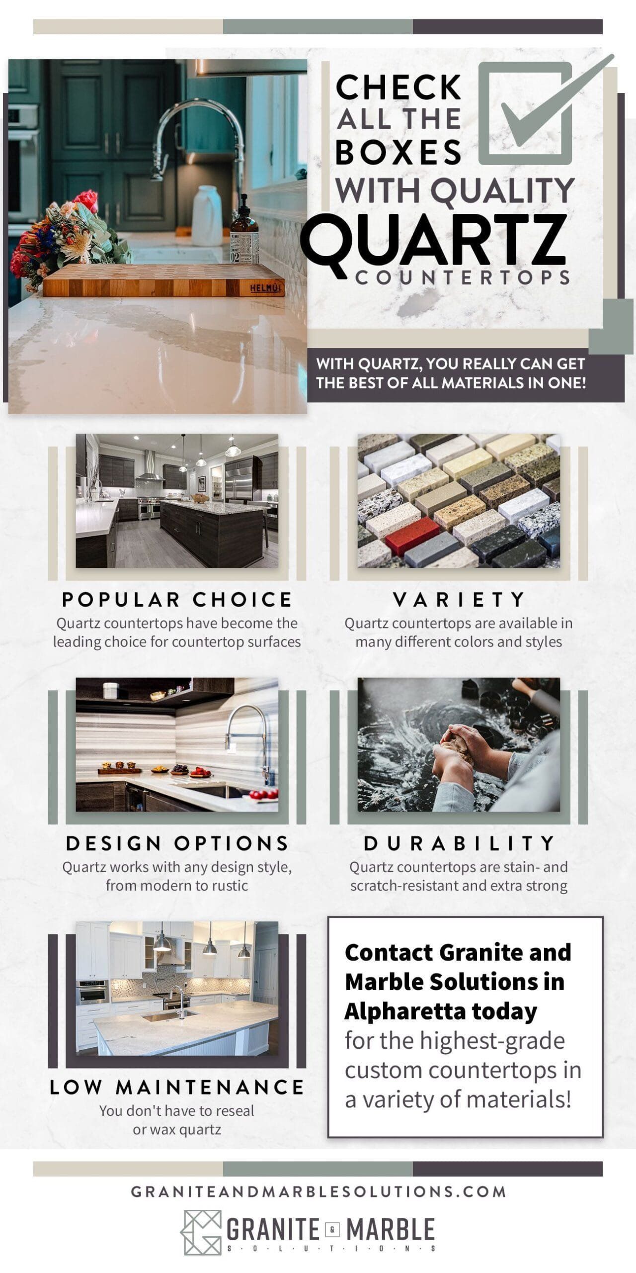 Advertisement for quartz countertops with images and text, highlighting features like variety and low maintenance.