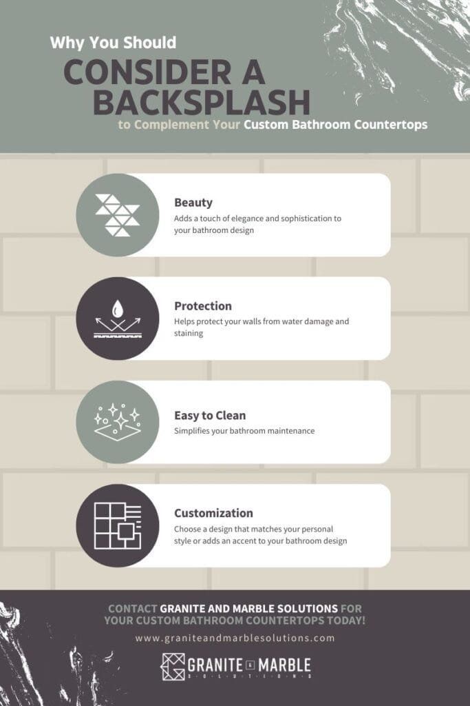 Infographic: Reasons to consider a backsplash for countertops. Includes benefits like style, protection, easy to clean, and customize.