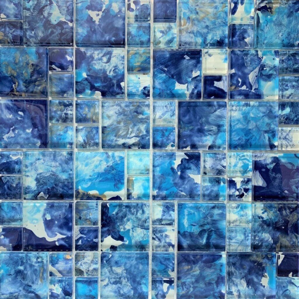 Blue and white square mosaic tile pattern.