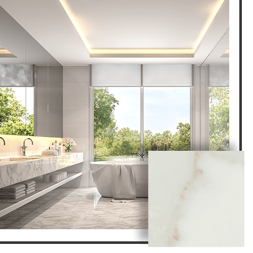 Luxurious bathroom with marble surfaces, large windows, and a soaking tub.