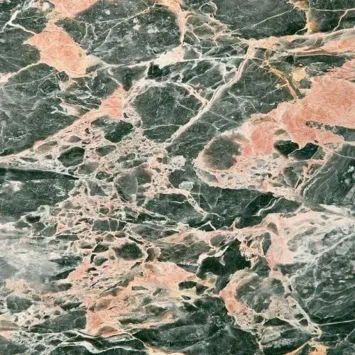 Dark green marble with pink and white veining.