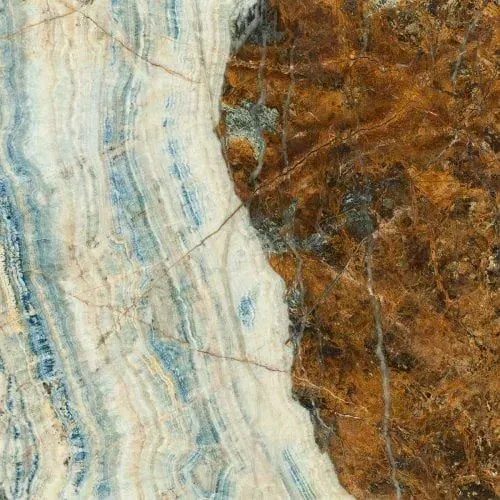 Stone tile with a mix of blue, white, and brown swirling patterns.