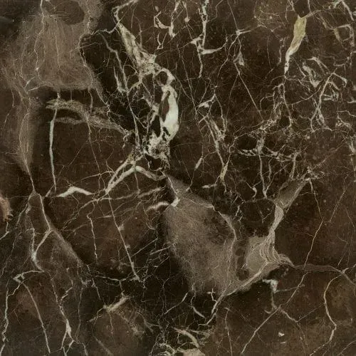 Dark brown marble with white veining.