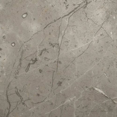 Gray marble tile with dark veining and speckled patterns.