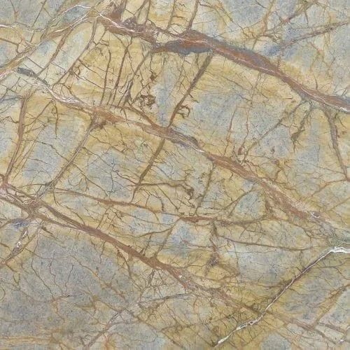 Marble tile with a complex pattern of brown veins and golden and gray hues.