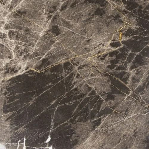 Dark gray marble with white and gold veining.