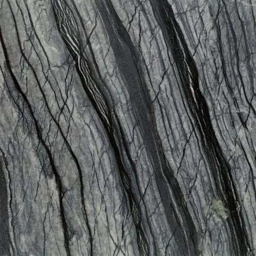 Gray and black marble with vein-like patterns and diagonal streaks.