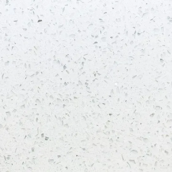 White quartz countertop with speckled, reflective flecks.