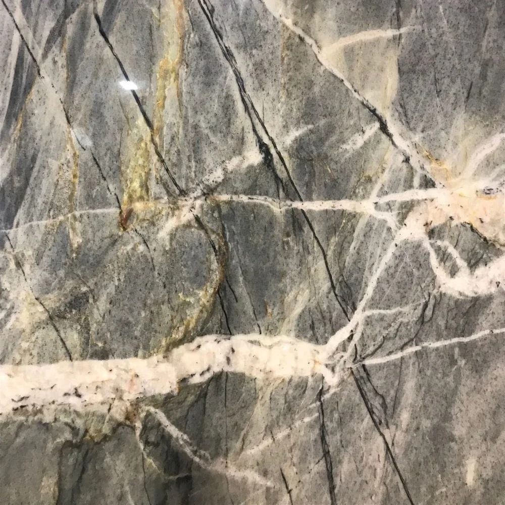 Gray and white marble with tan and black veining.